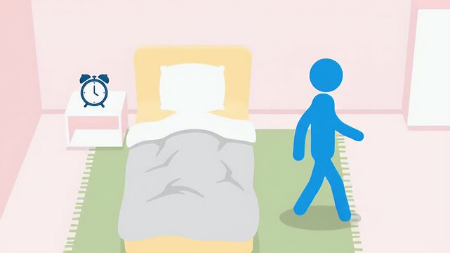 Blue stick figure getting out of bed in a simple bedroom with an alarm clock, morning routine illustration