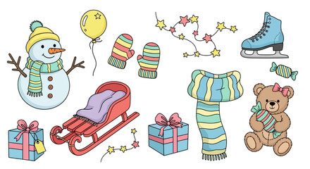 A collection of winter-themed illustrations, including a snowman, ice skate, and gifts.