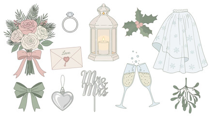 Wedding themed illustration with bouquet, ring, lantern, holly, skirt, letter, ornament, cake topper, champagne, bow, mistletoe.