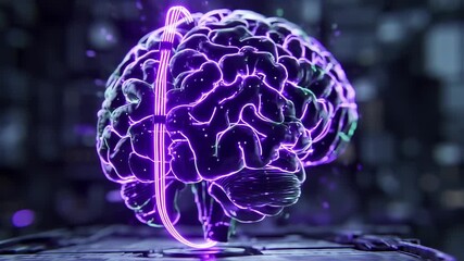 A glowing, purple brain with circuitry, set against a blurred tech background. 3D render