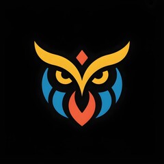 minimalist logo featuring an owl's face with a sleek, stylized design on a black background, incorporating bold curved lines in yellow and orange, a red color for the eyes, and blue and orange flame