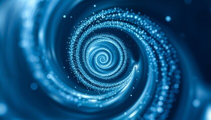 Abstract 3d visualization of a glowing blue particle vortex or spiral light trail representing data stream transfer, high-speed energy flow, and complex dynamic scientific movement