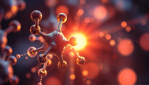 Molecular Structure of a Virus Cell or Scientific Particle with Glowing Energy Core on a Dark Red Background, Representing Research, Medicine, or Infection