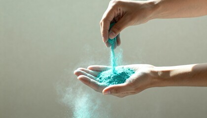 Close-up of hands holding and pouring vibrant blue powder with dust particles