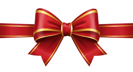 Fototapeta premium Elegant red ribbon bow with gold trim, digitally rendered on a clean white background.