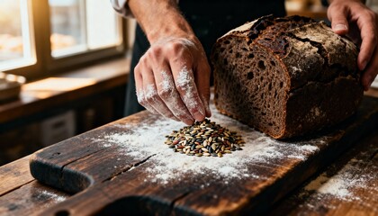 Close-up of hands holding seeds next to rustic rye bread on wooden table with flour