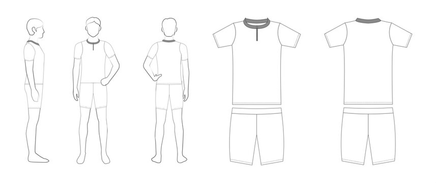 メンズ陸上ユニフォームのテンプレート（半袖・レーシングシャツ・ハーフスパッツ・前・後・横・平面図）Men's Track and Field Uniform Template &ndash; Short-Sleeve Racing Shirt with Half Tights, Front, Back, Side & Flat Views
