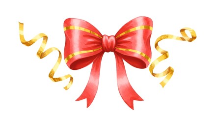 Watercolor style red and gold bow illustration with golden streamers on white background.