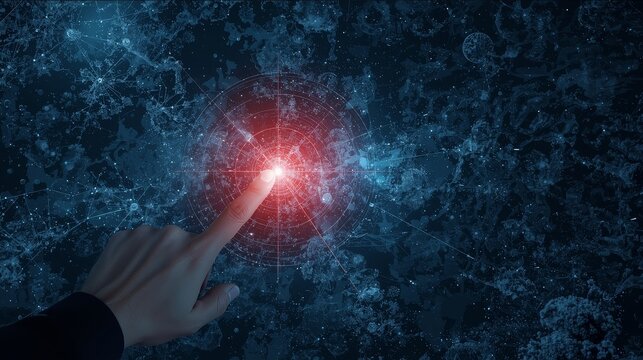 Finger touching a glowing point on a digital network with blue background