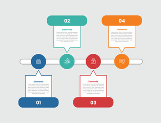4 elements infographic comparison diagram with speech bubble discussion box with timeline horizontal line up and down with 4 step for slide presentation