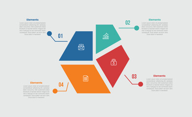 4 elements infographic comparison diagram with creative hexagon slice and cut on quadrant structure content with 4 step for slide presentation