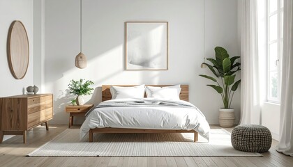 Bright Modern Bedroom Interior with Sunlight and Natural Wood Accents in a Minimalist Design Style with White Walls and Wooden Bed Frame
