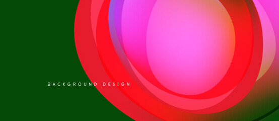 Abstract design features vibrant circles, gradients. Green background contrasts with pink, red hues. Modern, dynamic composition.