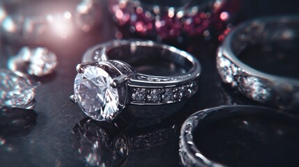 Close-up of dazzling rings, showcasing intricate designs and sparkling gemstones