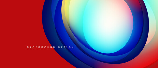 Abstract vibrant layers create dynamic visual effect. Red background contrasts circular glowing shapes, modern design element.