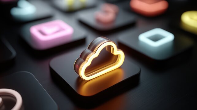 Close-up of glowing cloud icon on a black tile amidst other, blurred app icons