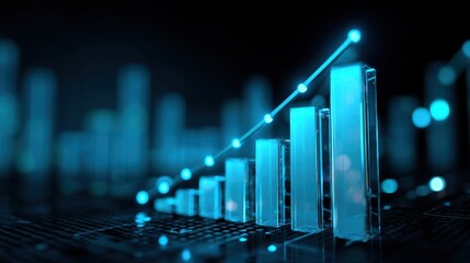 Modern Financial Growth Visualization with Blue Chart Bars and Data Points on a Dark Background