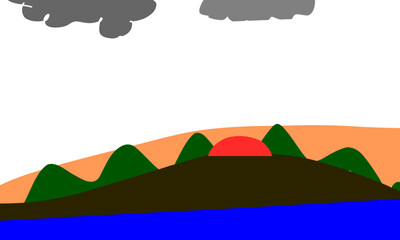 Simple Childlike Drawing of Sunset or Sunrise over Hills and Water with Clouds, Minimalist Landscape Vector Art