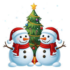 Two cute snowmen wearing santa hats and scarves in front of a decorated christmas tree isolated on transparent background