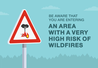 Safe driving tips and traffic regulation rules. Close-up of european "extreme risk of fire" sign meaning. Entering an area with high risk of wildfires. Flat vector illustration template.