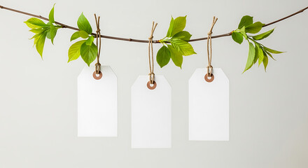 Blank Paper Tags Hanging on Tree Branch with Green Leaves – Eco Label, Nature Gift Tag, Botanical Design Mockup