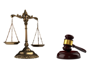 Legal justice balance with wooden gavel and stacked books isolated on transparent background