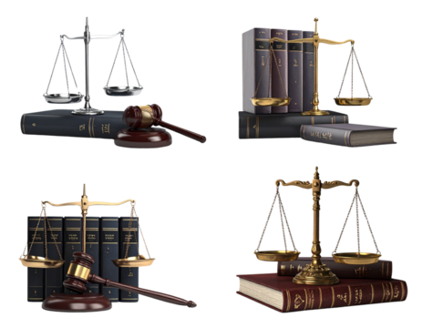 Courtroom symbols: scales, gavel, and law books isolated on transparent background
