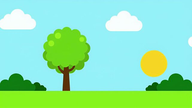 Cheerful cartoon nature background with green tree, blue sky, sun, and clouds in a minimalist flat design style