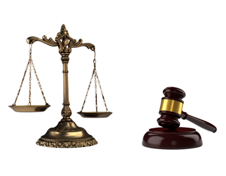  Legal justice balance with wooden gavel and stacked books isolated on transparent background