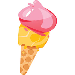 Double Scoop Ice Cream Cone With Pink And Yellow Flavors On A White Background