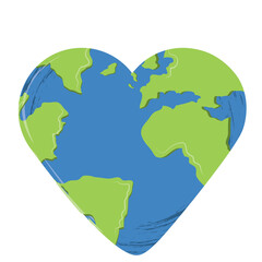 Earth formed as a heart shape with continents visible in green and blue ocean waters against a clean white background symbolizing global love and care