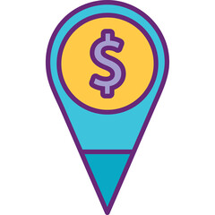 Dollar Sign Location Marker With Yellow Coin Inside Blue Pinned Icon With Purple Outline And Transparent Background Representing Financial Destination Or Money Related Navigation