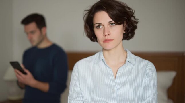Mistrust in monogamous 35-year-old married couple: a jealous husband checks his wife's mobile phone. Scandal. Argument. Two arguing