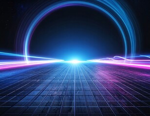 A stunning synthwave/retrowave abstract background featuring a neon-pink and blue grid floor, speed lines, and a bright central light, evoking an 80s futuristic or cyberpunk aesthetic.