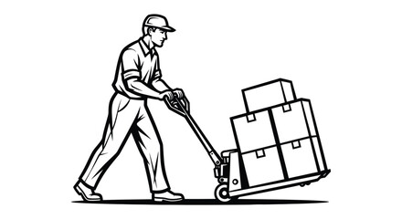 A delivery person pushes a pallet jack loaded with boxes.
