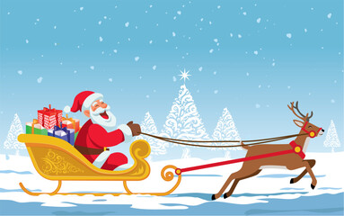 Experience the magic of Christmas in vibrant vector art—Father Christmas rides a festive chariot, drawn by a spirited deer, gifts overflowing, bursting with color and cheer