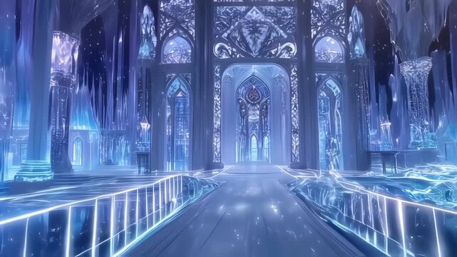 A stylized, icy, cathedral-like interior.  Ornate, light-blue structures with glowing accents create a grand hall