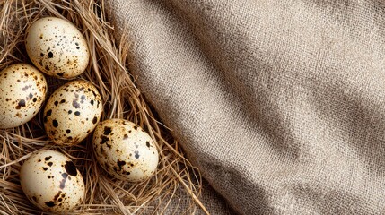 Close-up of speckled eggs nestled in straw against a folded tan fabric background