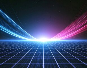 A stunning synthwave/retrowave abstract background featuring a neon-pink and blue grid floor, speed lines, and a bright central light, evoking an 80s futuristic or cyberpunk aesthetic.