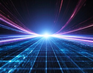 A stunning synthwave/retrowave abstract background featuring a neon-pink and blue grid floor, speed lines, and a bright central light, evoking an 80s futuristic or cyberpunk aesthetic.