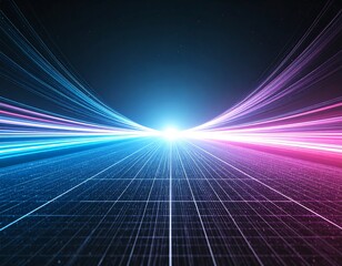 A stunning synthwave/retrowave abstract background featuring a neon-pink and blue grid floor, speed lines, and a bright central light, evoking an 80s futuristic or cyberpunk aesthetic.