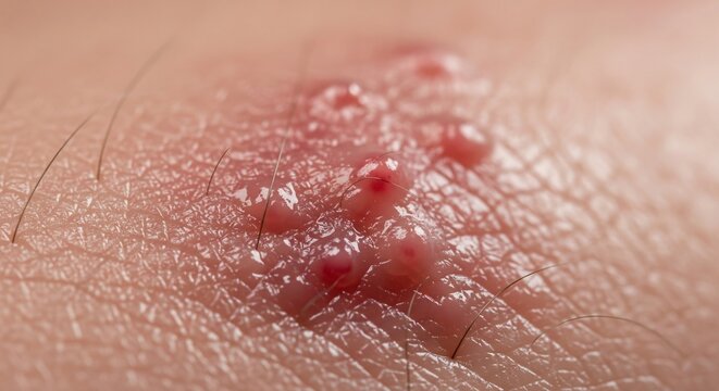 Raised inflamed skin with pusfilled blisters and hair