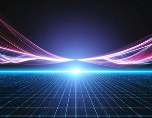 A stunning synthwave/retrowave abstract background featuring a neon-pink and blue grid floor, speed lines, and a bright central light, evoking an 80s futuristic or cyberpunk aesthetic.