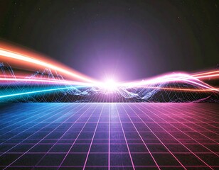 A stunning synthwave/retrowave abstract background featuring a neon-pink and blue grid floor, speed lines, and a bright central light, evoking an 80s futuristic or cyberpunk aesthetic.