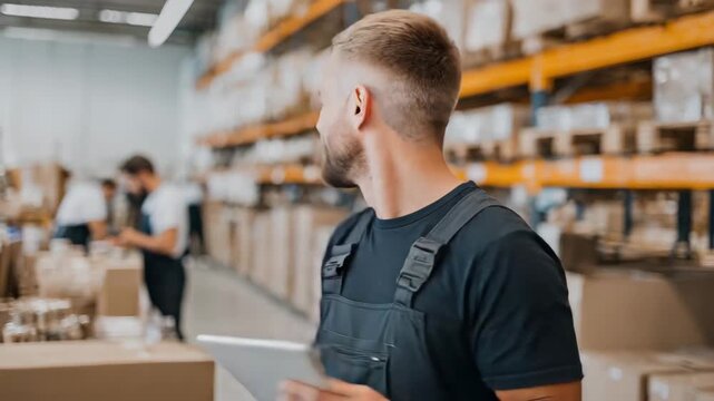 A happy, bearded warehouse worker in uniform with a clipboard approves the work, then goes to check the goods in the rows of shelves.