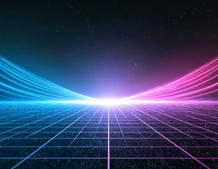 A stunning synthwave/retrowave abstract background featuring a neon-pink and blue grid floor, speed lines, and a bright central light, evoking an 80s futuristic or cyberpunk aesthetic.