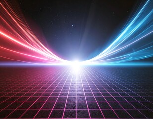 A stunning synthwave/retrowave abstract background featuring a neon-pink and blue grid floor, speed lines, and a bright central light, evoking an 80s futuristic or cyberpunk aesthetic.