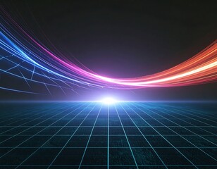 A stunning synthwave/retrowave abstract background featuring a neon-pink and blue grid floor, speed lines, and a bright central light, evoking an 80s futuristic or cyberpunk aesthetic.