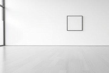 A single blank picture frame hangs on a white wall in an empty, minimalist room.