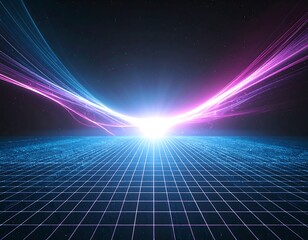 A stunning synthwave/retrowave abstract background featuring a neon-pink and blue grid floor, speed lines, and a bright central light, evoking an 80s futuristic or cyberpunk aesthetic.